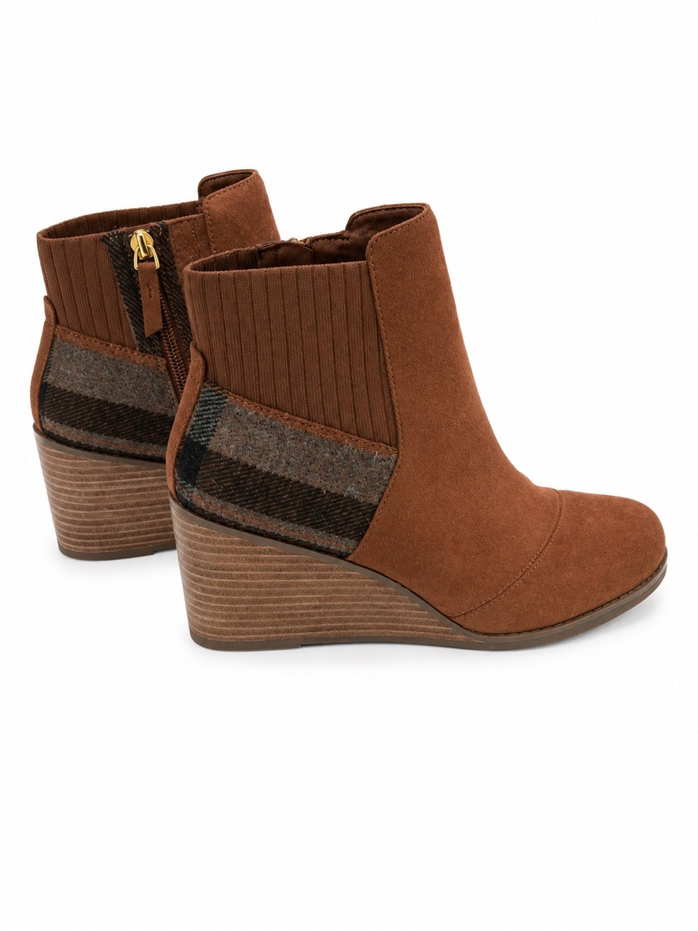 Toms Brown Suede Wedge Ankle Boot with Plaid Knit Back Detail